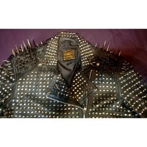 NWOT Genuine Leather Spiked Punk Biker Jacket with Zippers Black